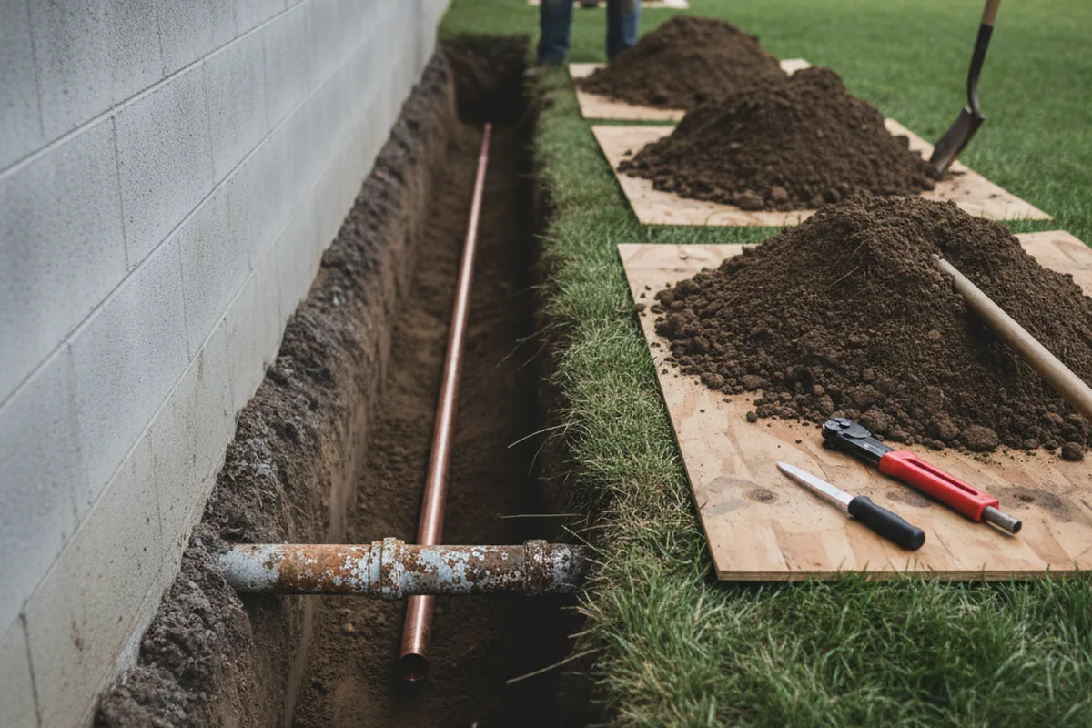 Excavated water line trench during Water Heater Repair in Eton